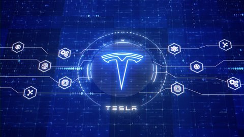 Los Angeles, California, United States - August 1, 2021: Tesla animated logo. Holographic animation for electric vehicle company. Futuristic motion graphics of Tesla logo design.