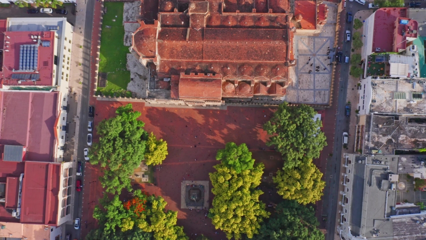 Cathedral Basilica Of Santa Maria La Menor. Top View Of Roof Of A Monumental 16th Century Church In Zona Colonial, Santo Domingo, Dominican Republic. aerial drone