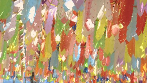 Colorful of Lanna lanterns hanging on the rope in Yee Peng (Yi peng) festival, Thailand