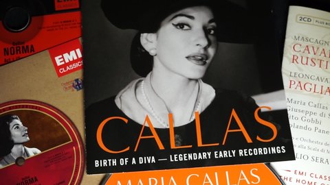 Rome, Italy - July 30, 2021, CD collection of some albums of the great opera singer Maria Callas. Birth of Diva - Legendary Early Recordings, Cavalleria Rusticana, Pagliacci and Norma.