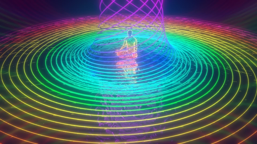 A looped 3d animation of multicolored energy fields forming bizarre patterns around a meditating person | Shutterstock HD Video #1076872358