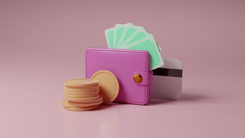 3D Money Saving icon concept. Wallet, bill, coins stack, and credit card on pink background, 3d rendering