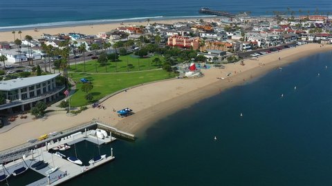 Aerial view of Marina park and Newport Pier, in Newport Beach, California