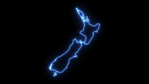 Neon flickering blue country New Zealand in on a black background.