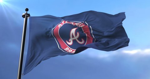 Boston, Massachusetts  United States - 06 01 2018: Animation Flag of the Atlanta Braves, american professional baseball team, waving - loop