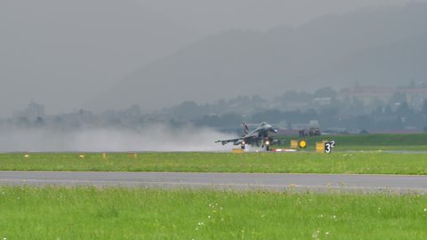 Zeltweg, Austria SEPTEMBER, 6, 2019 High-performance takeoff, with full afterburner, of a supersonic fighter to intercept an enemy aircraft. Eurofighter Typhoon of Austrian air Force