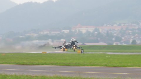 Zeltweg, Austria SEPTEMBER, 6, 2019 Military fighter jet plane high performance take off with full afterburner to intercept a potential enemy aircraft. Eurofighter Typhoon of Austrian air Force