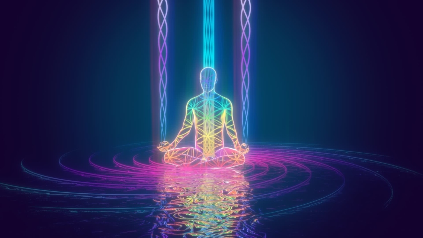 Looped 3d animation of a multi-colored energy field forming spirals to a meditating person | Shutterstock HD Video #1076896004