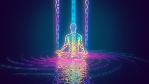 looped 3d animation of a multi-colored energy field forming spirals to a meditating person