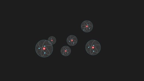 schematic model of an atom with electrons, protons and orbits, infographics, 2d animation