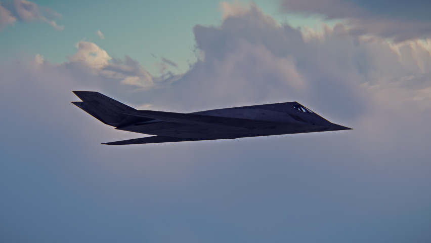 F-117 Nighthawk stealth bomber flies through the clouds over the landscape - 3d animation