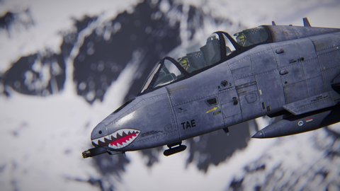 A-10 Thunderbolt bomber flies over the mountains - 3d animation