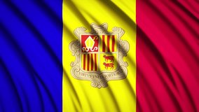 Andorra flag in motion. National background. Smooth fabric waves. 4K video. 3D rendering.