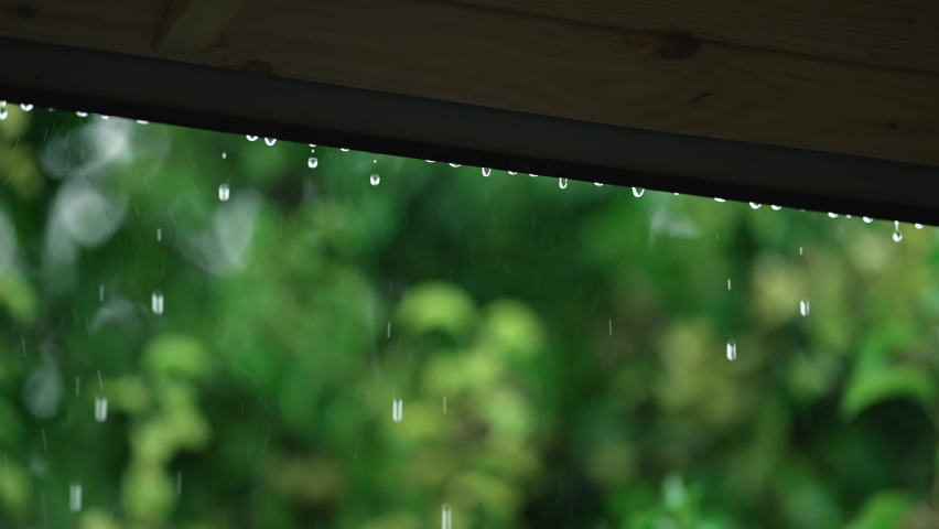 Raindrops falling from wooden roof canopy. Downpour in countryside. Humid climate. Season of autumn precipitation. Calming green background in slow motion. Royalty-Free Stock Footage #1076907164