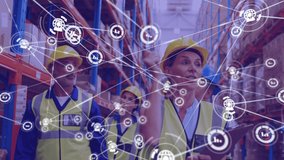 Network of digital icons against team of male and female workers checking stock at warehouse. logistics and transportation business concept - Powered by Shutterstock - Get 15% off with code: PIKWIZARD15