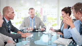 Molecular structures floating against diverse businesspeople in a meeting at office. business technology and teamwork concept - Powered by Shutterstock - Get 15% off with code: PIKWIZARD15