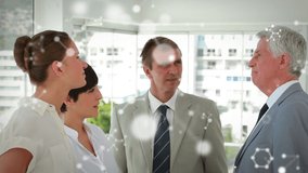 Molecular structures floating against diverse businesspeople discussing together at office. business technology and teamwork concept - Powered by Shutterstock - Get 15% off with code: PIKWIZARD15