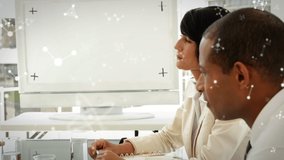 Molecular structures against diverse businesspeople discussing together in a meeting room at office. business technology and teamwork concept - Powered by Shutterstock - Get 15% off with code: PIKWIZARD15