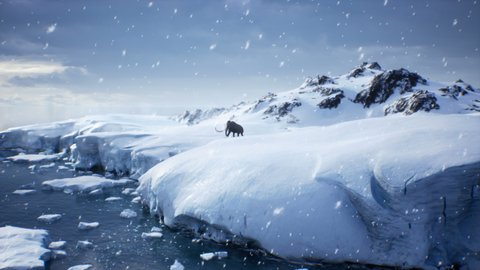 A tired ancient mammoth walks along a snow-covered glacier through a blizzard. Huge high glaciers in winter natural conditions. The animation is perfect for historical, natural and animal backgrounds.