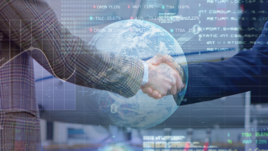 Stock market data processing against mid section of two businessmen shaking hands at airport. global economy and business partnership concept - Powered by Shutterstock - Get 15% off with code: PIKWIZARD15