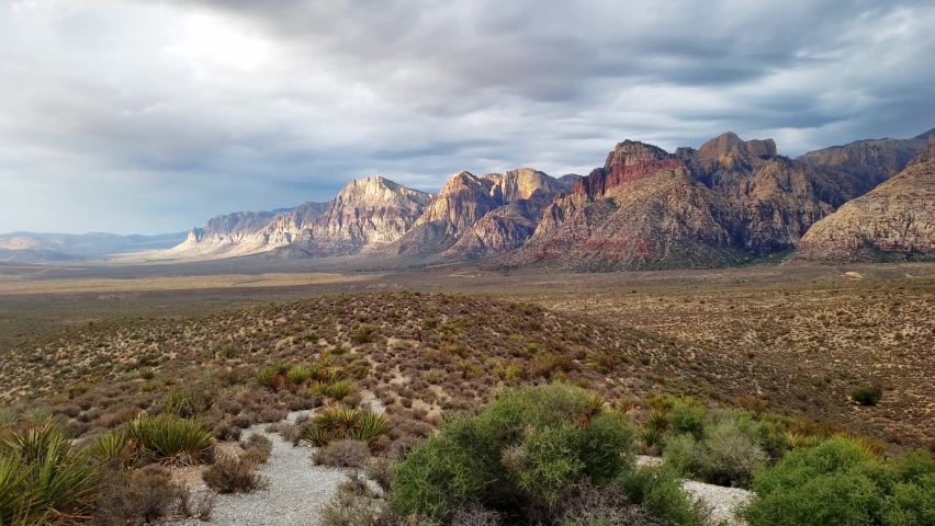 Blue and grey sky with a panoramic view of Red Rock National Conservation Area near Las Vegas, Nevada