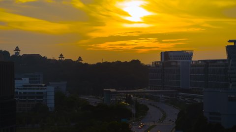 Timelapse of beautiful sunset over Putrajaya city high angle view of Putra Perdana, Prime minister office