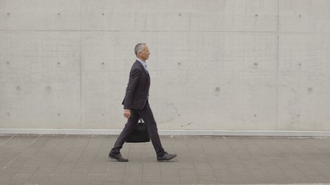 Businessman with briefcase and smartphone walking on footpath