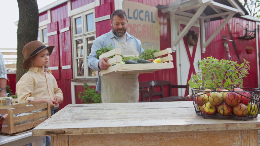 Group of community farmers opening a farm market. Community farming concept.