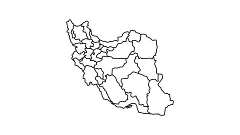 Iran map self drawing animation. White background.
