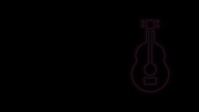 Glowing neon line Spanish guitar icon isolated on black background. Acoustic guitar. String musical instrument. 4K Video motion graphic animation.