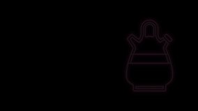 Glowing neon line Sangria pitcher icon isolated on black background. Traditional spanish drink. 4K Video motion graphic animation.