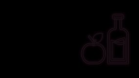 Glowing neon line Apple cider bottle icon isolated on black background. Beverage glass bottle. 4K Video motion graphic animation.