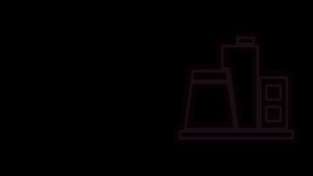 Glowing neon line Factory icon isolated on black background. Industrial building. 4K Video motion graphic animation.