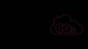 Glowing neon line CO2 emissions in cloud icon isolated on black background. Carbon dioxide formula, smog pollution concept, environment concept. 4K Video motion graphic animation.