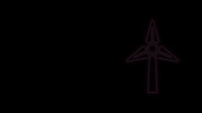 Glowing neon line Wind turbine icon isolated on black background. Wind generator sign. Windmill for electric power production. 4K Video motion graphic animation.