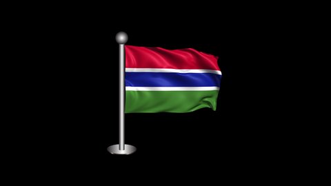 Waving Gambia Flag with Pole Isolated on Transparent Background. 4K Ultra HD Prores 4444, Loop Motion Graphic Animation.