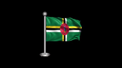 Waving Dominica Flag with Pole Isolated on Transparent Background. 4K Ultra HD Prores 4444, Loop Motion Graphic Animation.