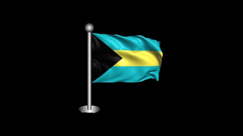 Waving Bahamas Flag with Pole Isolated on Transparent Background. 4K Ultra HD Prores 4444, Loop Motion Graphic Animation.
