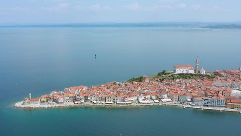 Aerial View Of Piran Town And Calm Blue Sea In Slovenia.