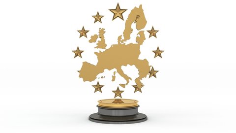 3d animation of the golden map of the European Union and the twelve stars. The map of the European Union is getting old and collapsing. The idea of the economic and political crisis in Europe.