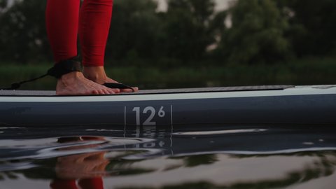 Female feet standing on SUP board, safety strap attached to one of ankles. Partial view of woman paddling on river. Healthy lifestyle and outdoor activity. Concept of fitness
