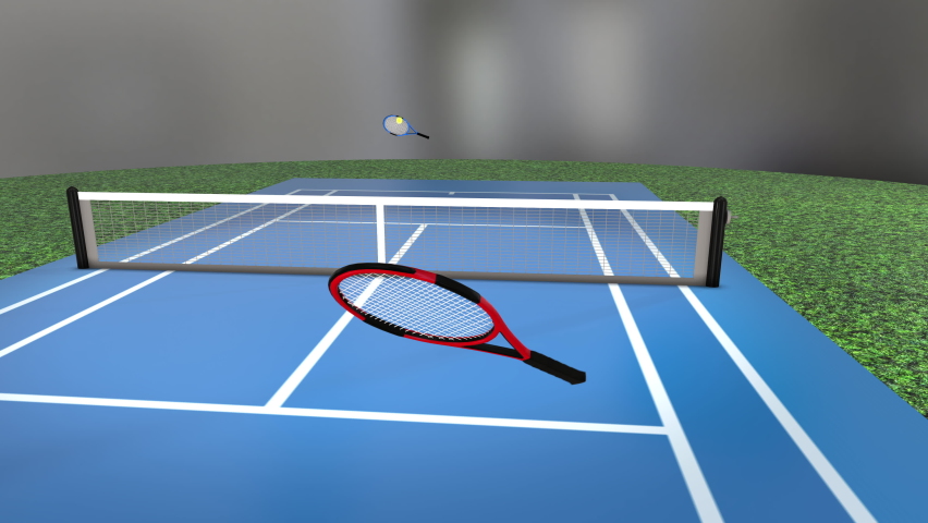 3D animation of tennis game. Animated rackets hit the ball back and forth across a photorealistic tennis court.  Seamless CGI loop of virtual reality tennis sport game. First-person view Royalty-Free Stock Footage #1076973575