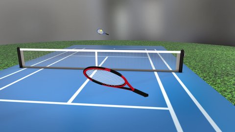 3D animation of tennis game. Animated rackets hit the ball back and forth across a photorealistic tennis court.  Seamless CGI loop of virtual reality tennis sport game. First-person view