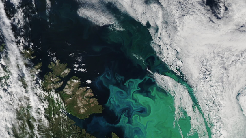 Phytoplankton blooms on sea surface spectacular rotating animation, Barents sea aerial satellite view. Based on image furnished by Nasa Royalty-Free Stock Footage #1076975432