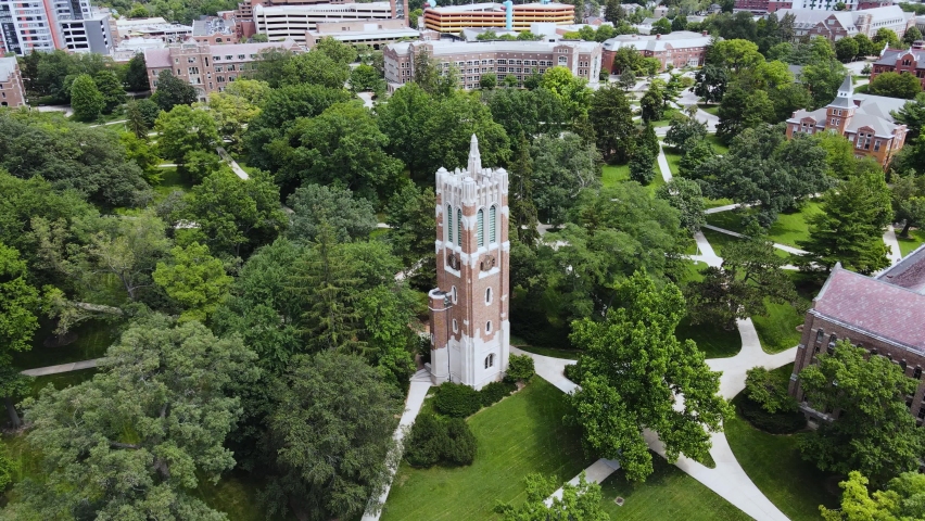 Beaumont Tower at MSU as seen from the air.