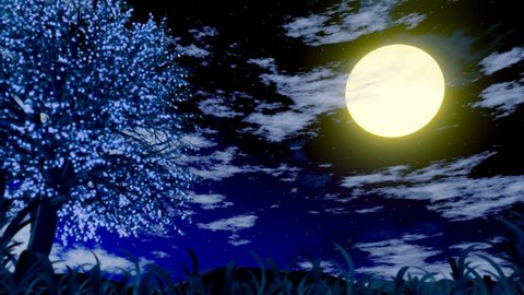 The golden, full moon shone brightly, with many stars in the sky and a few white clouds passing by. Natural scenery, meadows and mountains at night. 3D rendering