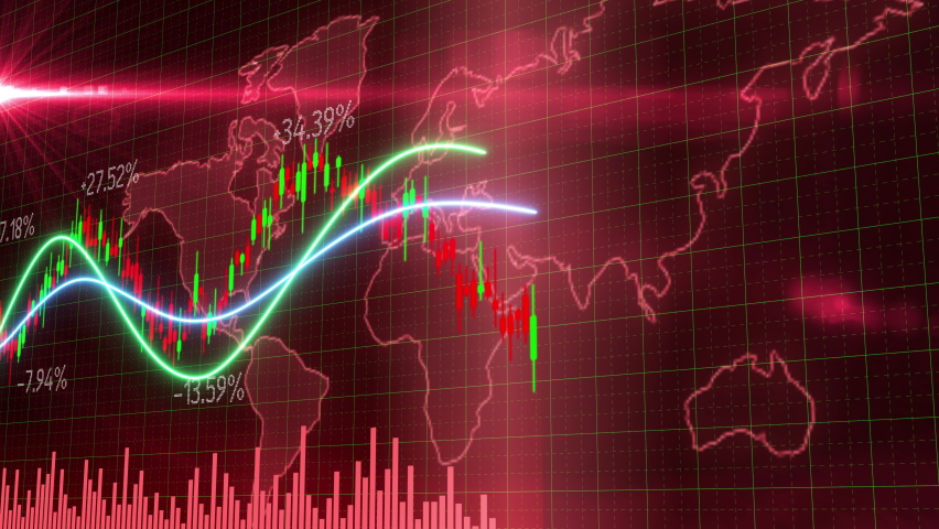 3D Motion of red green candlestick graph chart of stock market trading with animated world map background, Bullish Bearish stock point. Economy trends charts for business. Financial investment concept Royalty-Free Stock Footage #1076989091