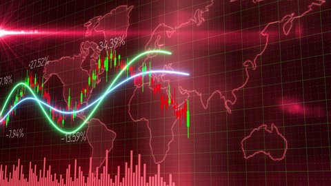 3D Motion of red green candlestick graph chart of stock market trading with animated world map background, Bullish Bearish stock point. Economy trends charts for business. Financial investment concept