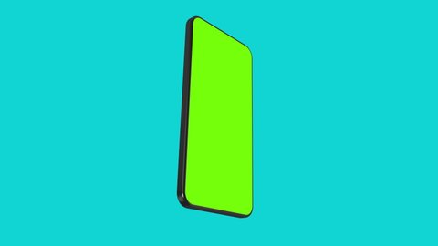 A 3D render of a minimal smartphone with a blue background. Rotating in screen. With a green screen for easy keying.