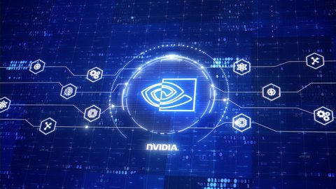 Los Angeles, California, United States - August 4, 2021: Nvidia animated logo. Holographic animation for technology company. Futuristic motion graphics of Nvidia logo design. High tech 3D